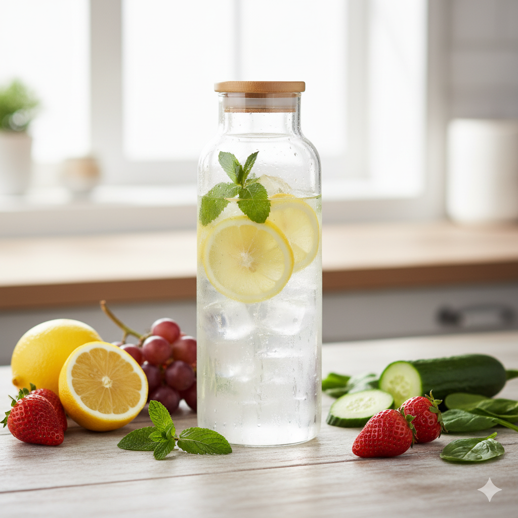 image emphasizing hydration with a refreshing glass water bottle, lemon,